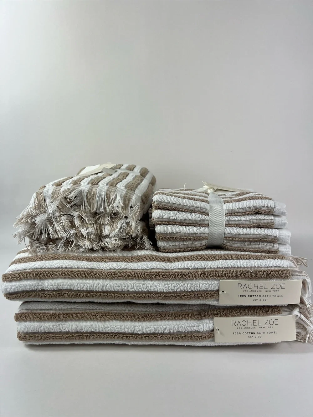Rachel Zoe Bath Towel Set Beige White Striped with Fringe Soft Cotton 8 Pc NEW